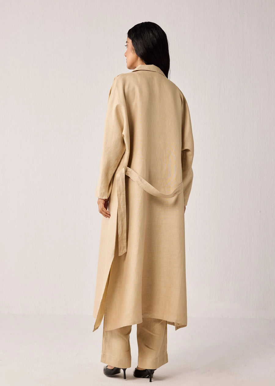 Oversized Lightweight Hemp Trench Coat With Side Slits In Beige
