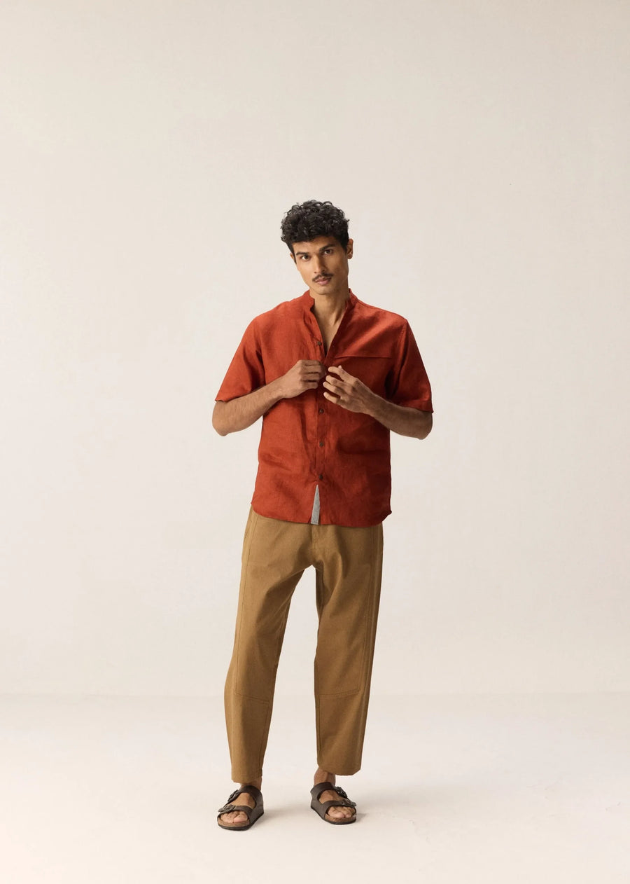 A Model Wearing Red Linen Scarlet Shirt, curated by Only Ethikal