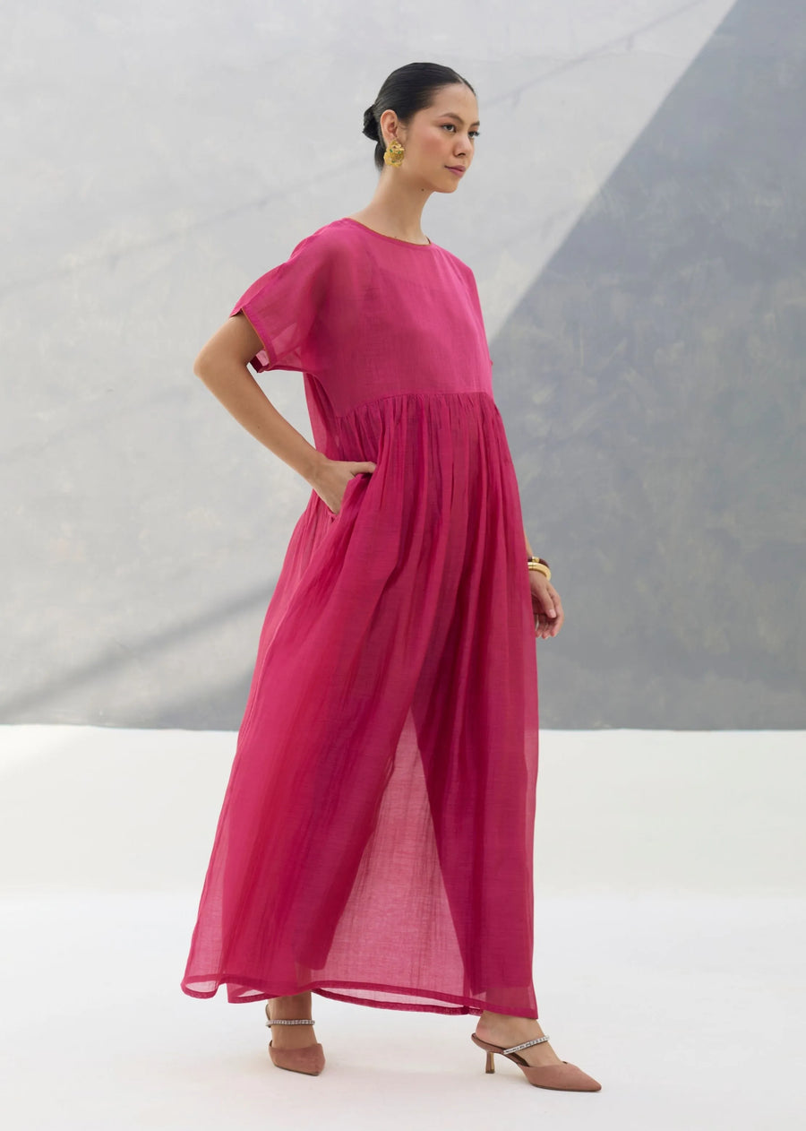 Vara Sheer Silk Chanderi Dress - Rose