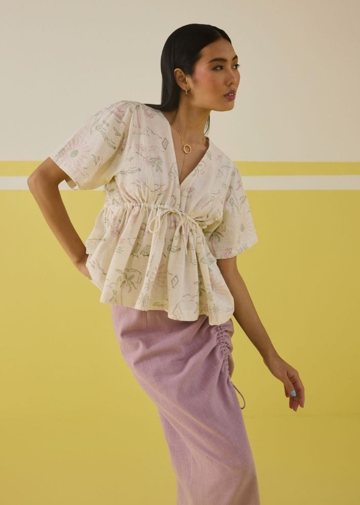 A Model Wearing Multicolor Handwoven Organic Cotton  Sweet Sunshine   Organic Cotton Peplum Top, curated by Only Ethikal