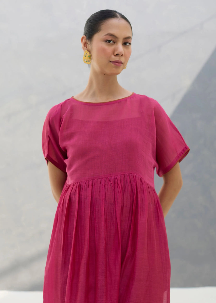 Vara Sheer Silk Chanderi Dress - Rose