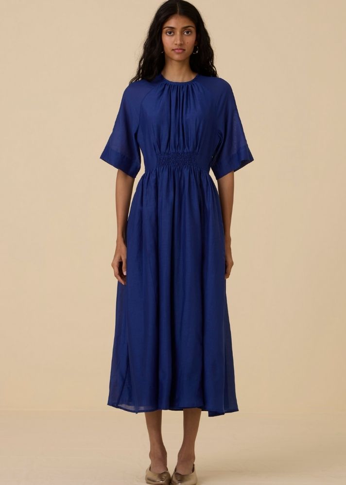 A Model Wearing Blue Cotton Silk Parina Royal Blue Midi Dress , curated by Only Ethikal