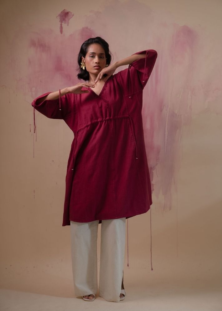 A Model Wearing Red Pure Cotton Phosphene Ruched Dress, curated by Only Ethikal