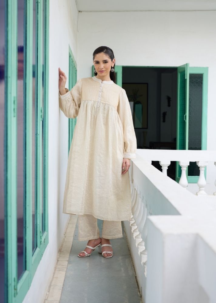 A Model Wearing White  Chanderi Cotton White Ganga Coord, curated by Only Ethikal