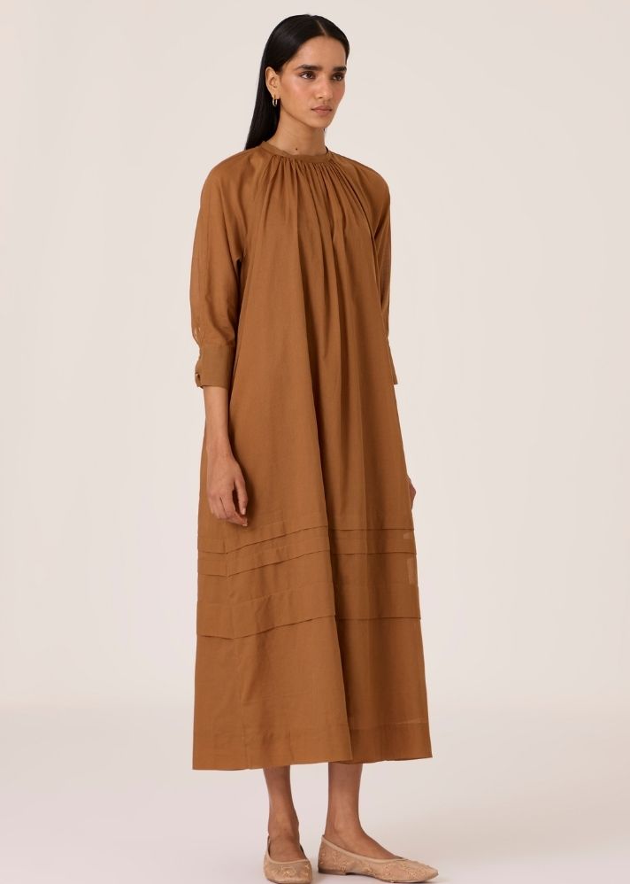 Fares Brown Gathered Dress