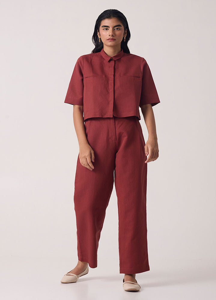 A Model Wearing Red Linen Cotton Katerin Umber Linen Cotton Set, curated by Only Ethikal