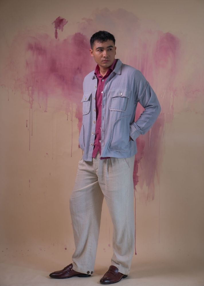 A Model Wearing Grey Pure Cotton Phosphene Unisex Bomber- Grey, curated by Only Ethikal