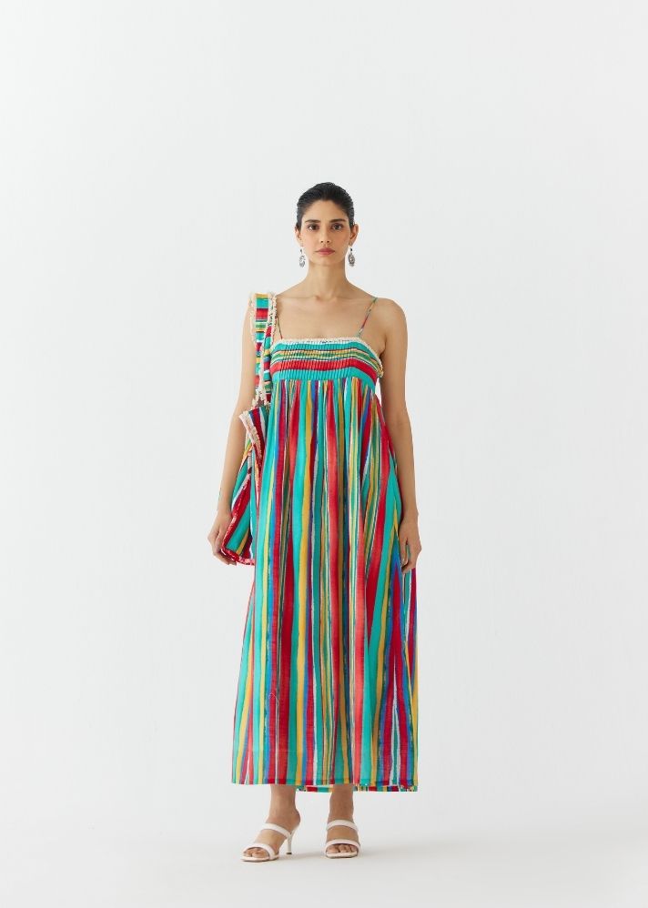 A Model Wearing Multicolor Pure Cotton Birch Strappy Dress, curated by Only Ethikal