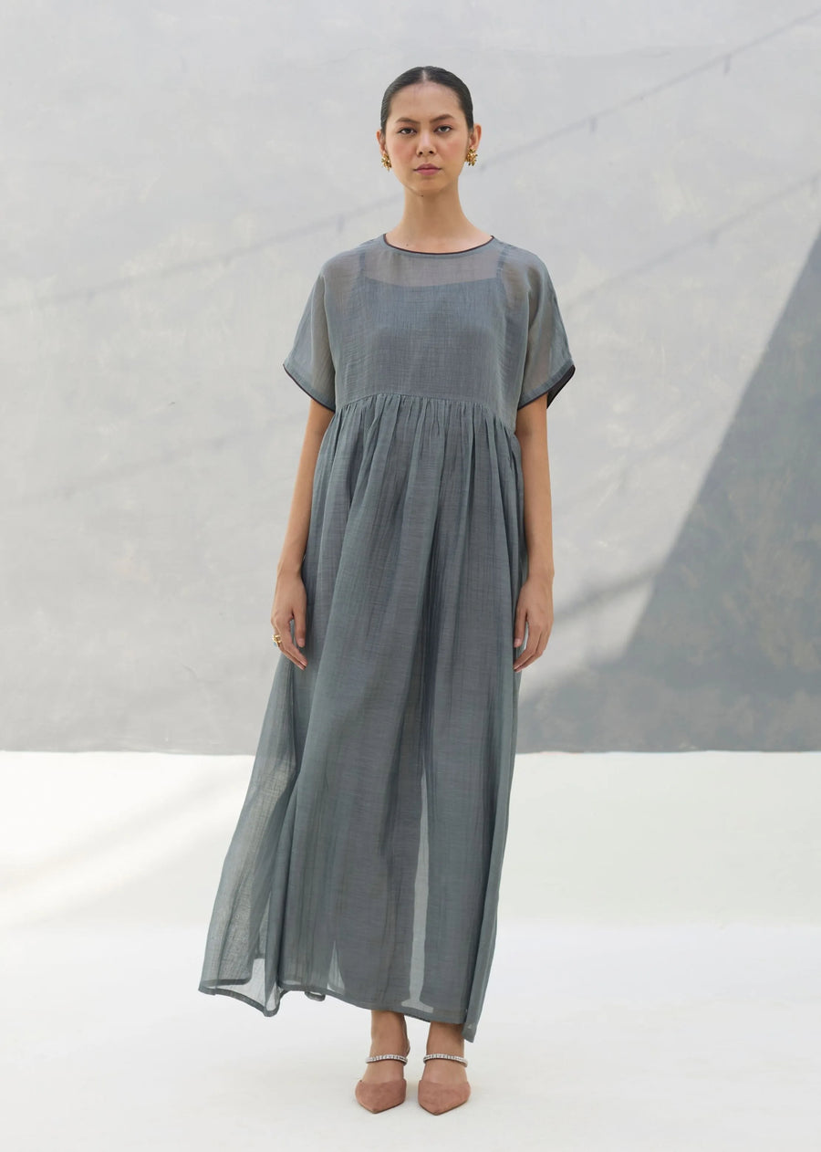 A Model Wearing Grey Chanderi Silk Vara Sheer Silk Chanderi Dress - Grey, curated by Only Ethikal