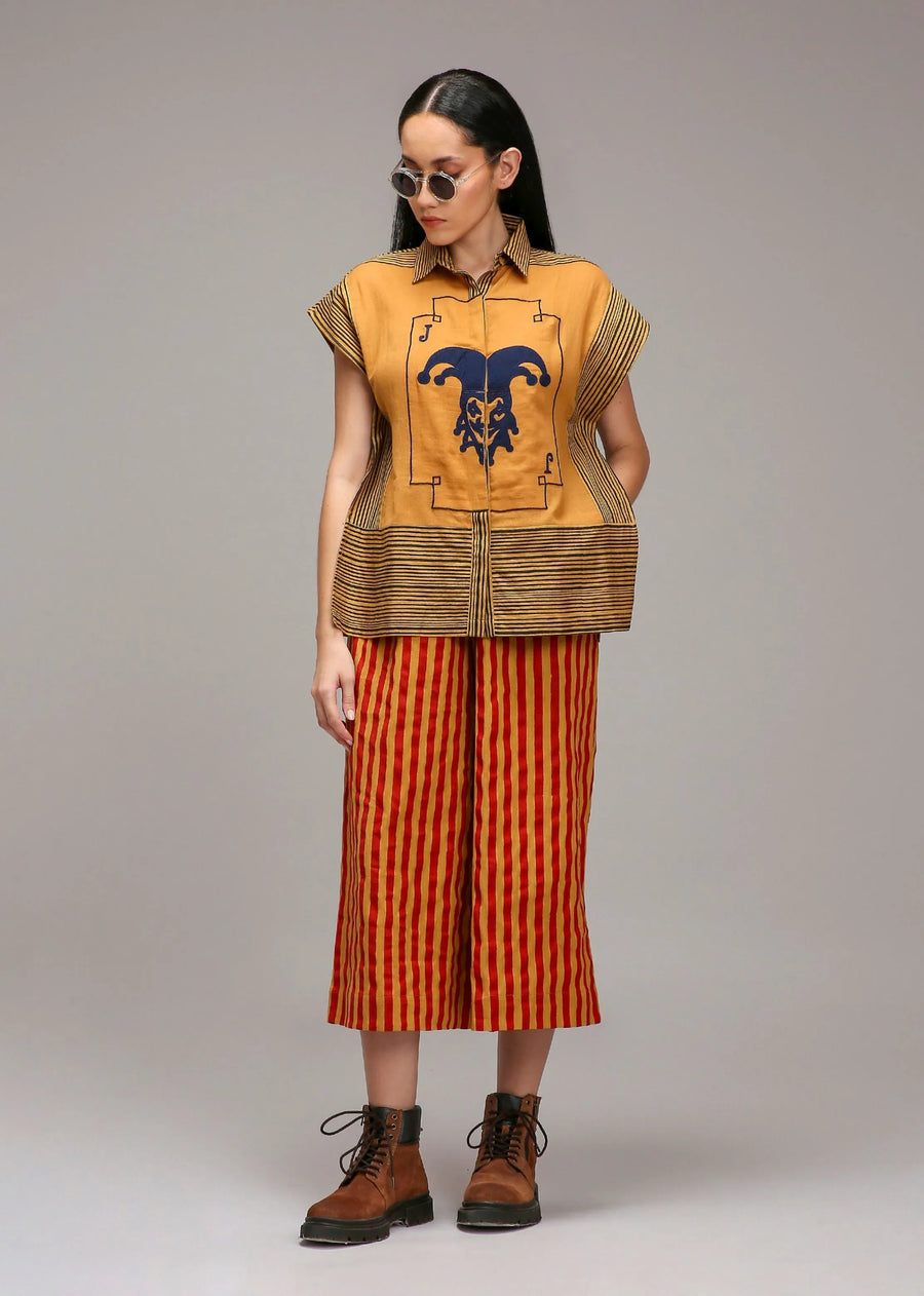 A Model Wearing Multicolor Cotton Tan-Brown Joker Shirt Capre Set, curated by Only Ethikal
