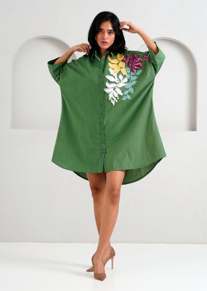 A Model Wearing Green Handloom Cotton Suri Dress Green, curated by Only Ethikal