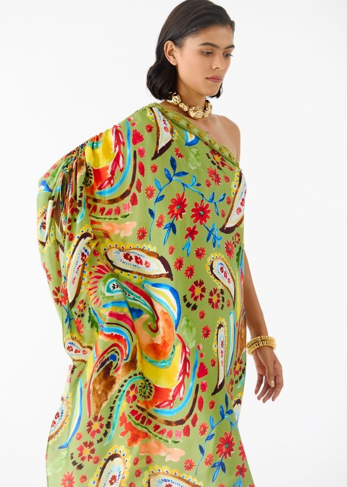 A Model Wearing Multicolor Vegan Silk Antella One Shoulder Dress, curated by Only Ethikal