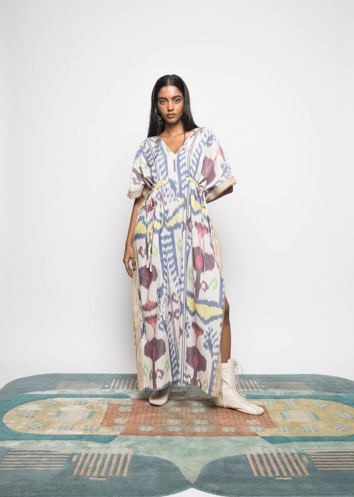 A Model Wearing Multicolor Handwoven Cotton Ikat Island Breeze Kaftan, curated by Only Ethikal