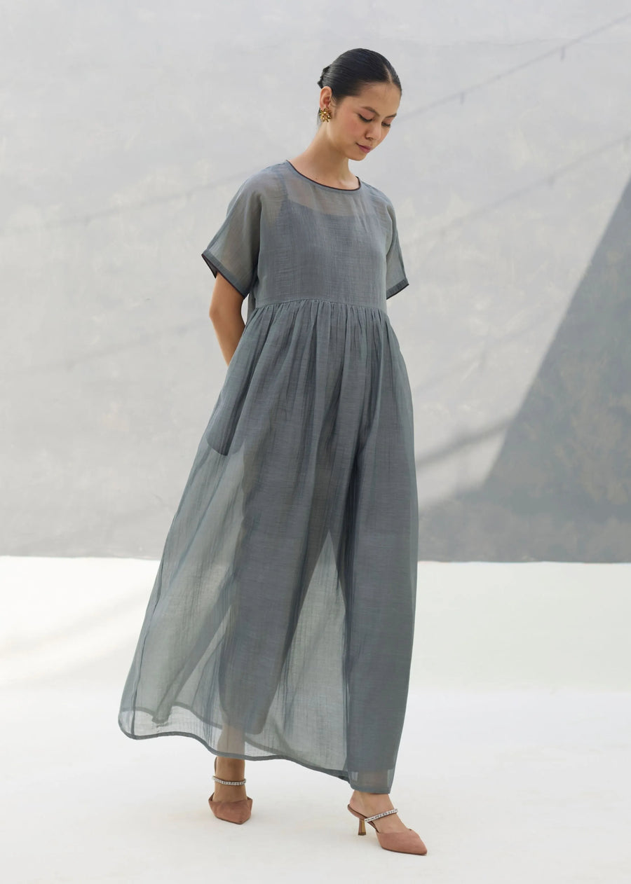 Vara Sheer Silk Chanderi Dress - Grey