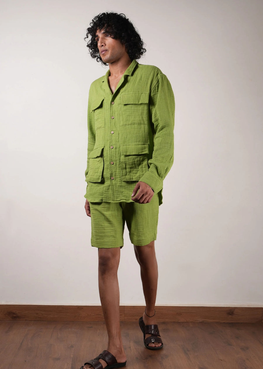 Men'S Green Crush Cotton Pocket Shirt & Shorts Set (2 Pcs)