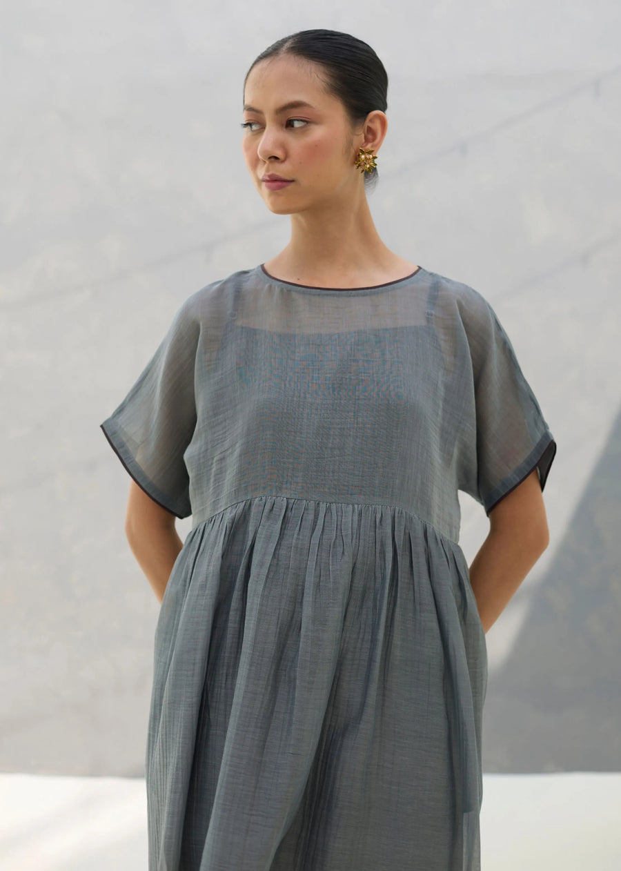 Vara Sheer Silk Chanderi Dress - Grey