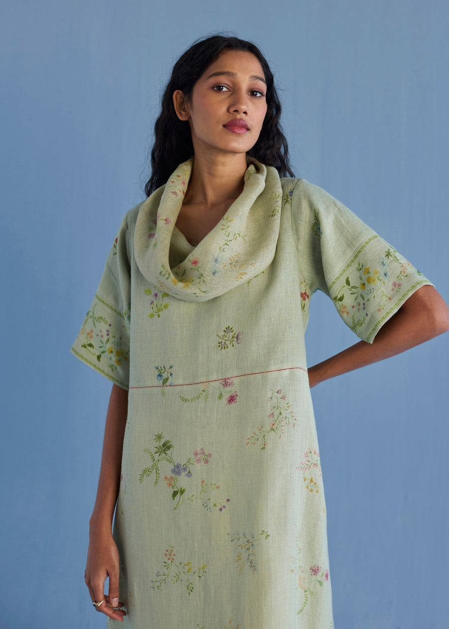 Imara Cowl Neck Linen Dress - Mint