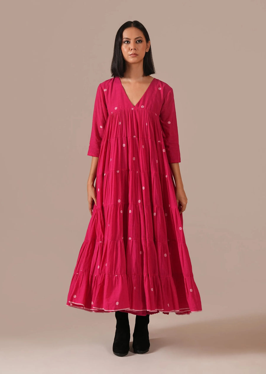 A Model Wearing Red Pure Cotton Fuchsia Halo Dress, curated by Only Ethikal