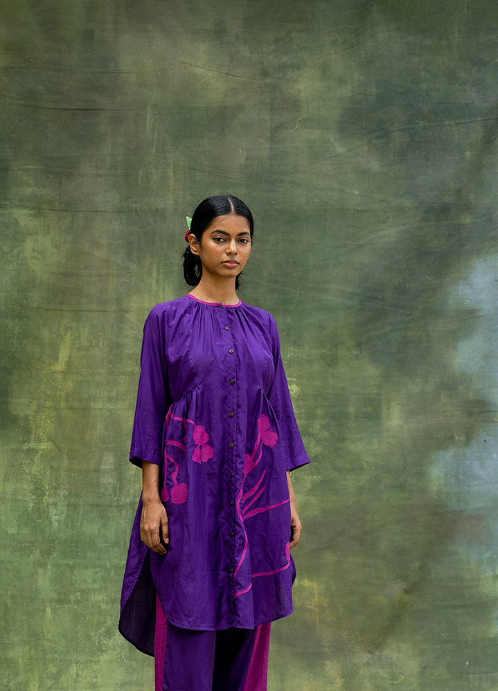 A Model Wearing Purple
 Upcycled Fabric Naomi Embroidered Tunic, curated by Only Ethikal