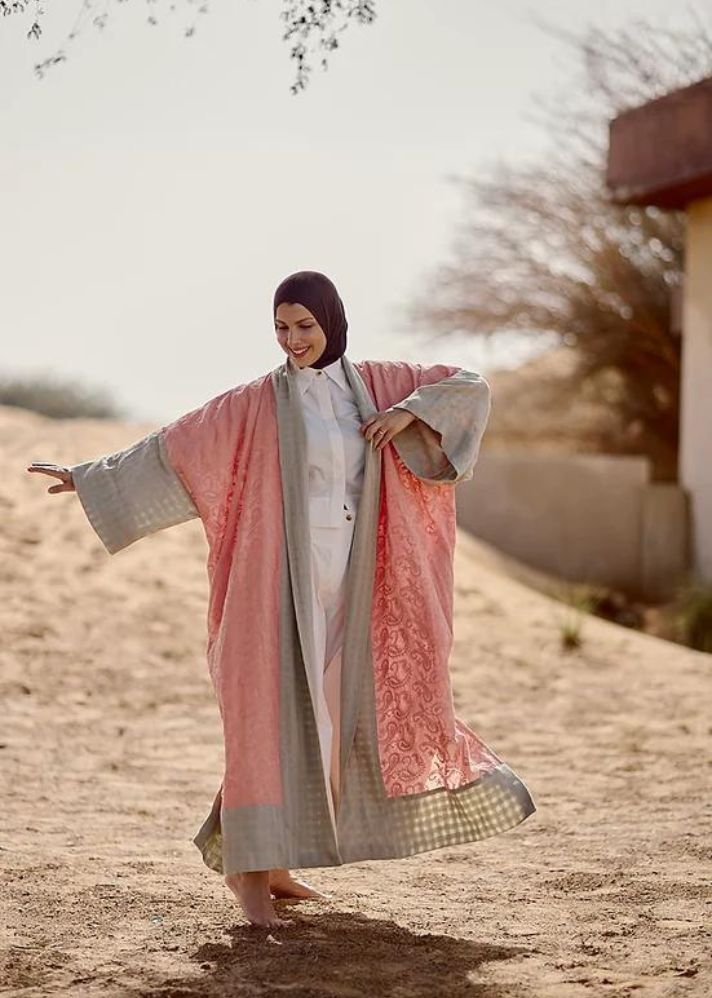 A Model Wearing Multicolor Linen Abidha Abaya - Pink Threadwork, curated by Only Ethikal