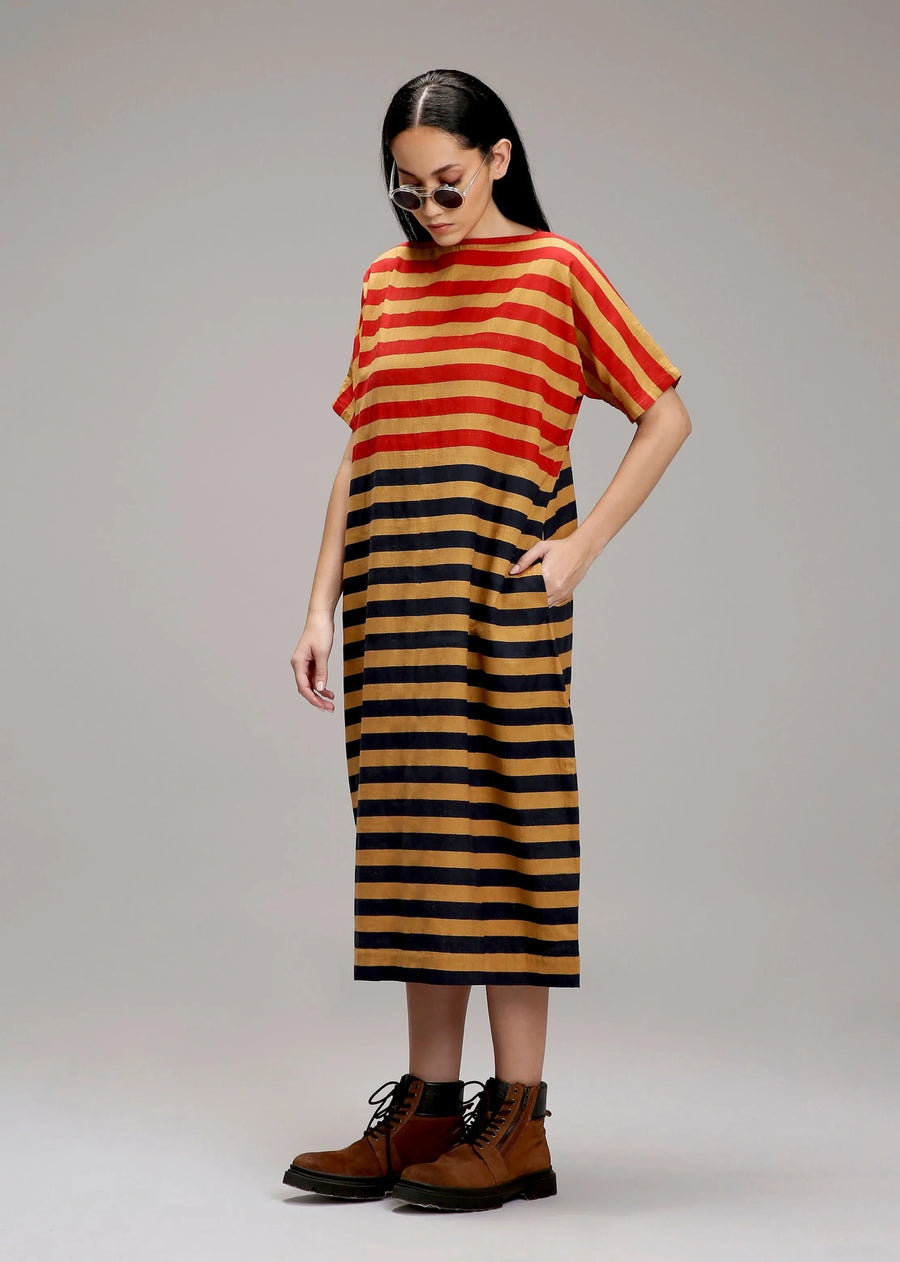Tan-Brown Red & Blue Dual Striped Dress