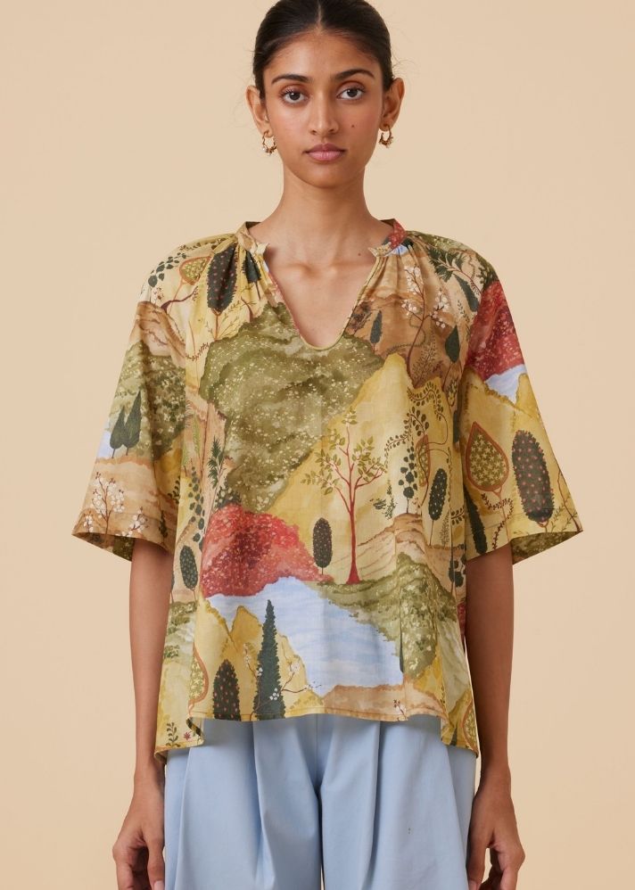 A Model Wearing Multicolor  Organic Cotton Bheer Ochre Print Top , curated by Only Ethikal