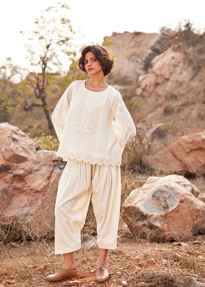 A Model Wearing White Cotton Mul Shuchi co ord set, curated by Only Ethikal