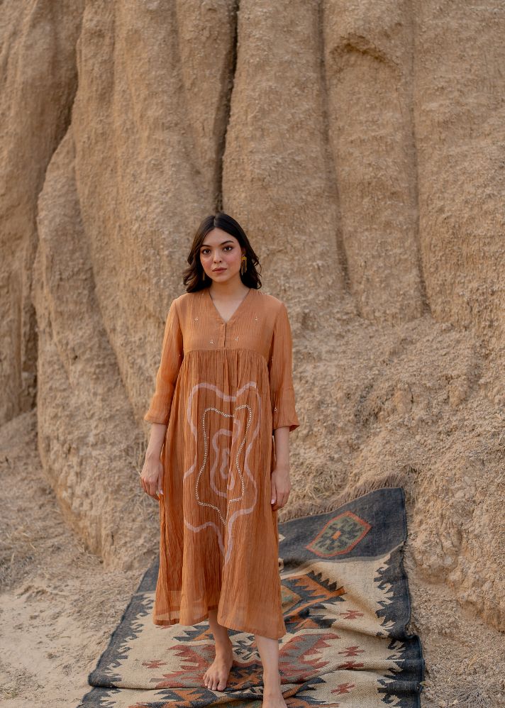 A Model Wearing Peach Chanderi Cotton Rust Arazi Dress, curated by Only Ethikal