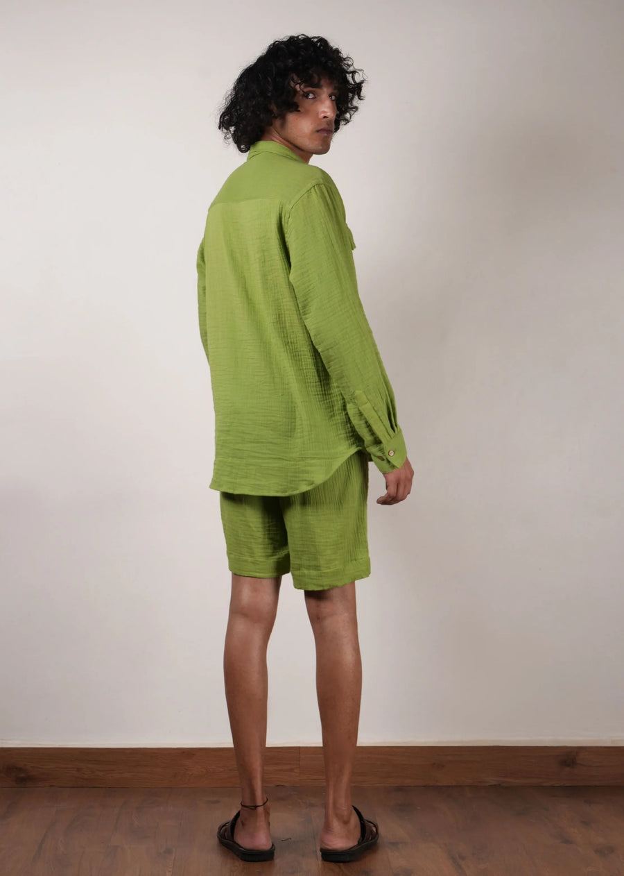 Men'S Pocket Crush Cotton Green Shirt