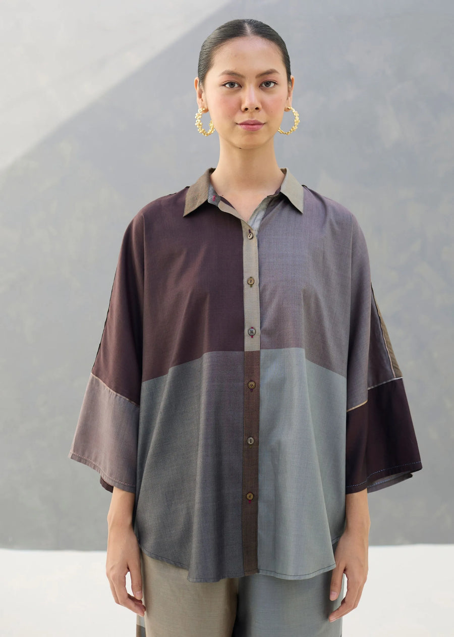A Model Wearing Brown Silk Sara Handwoven Eri Silk Shirt - Taupe Grey, curated by Only Ethikal