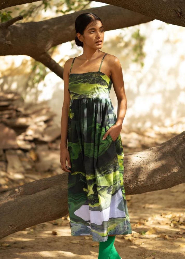 A Model Wearing Multicolor Upcycled Cotton Ella Green Dress, curated by Only Ethikal