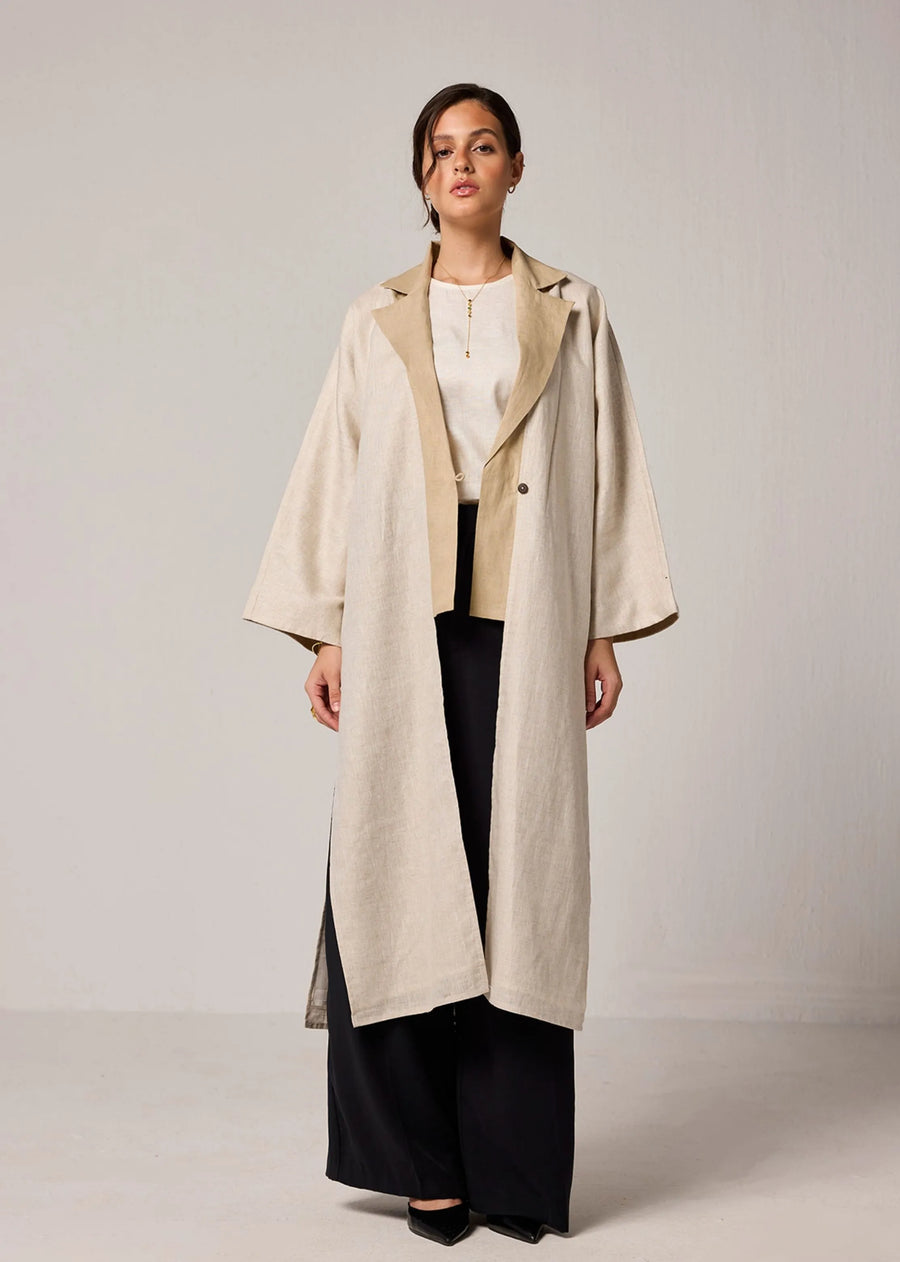 A Model Wearing Beige Hemp Oversized Long Hemp Jacket With Side Slits In Beige, curated by Only Ethikal
