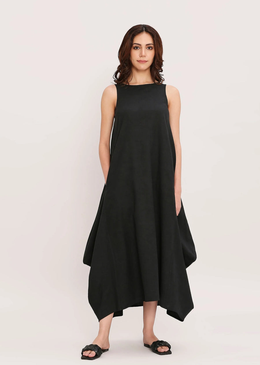 A Model Wearing Black Pure Cotton Black Vari Cotton Dress, curated by Only Ethikal