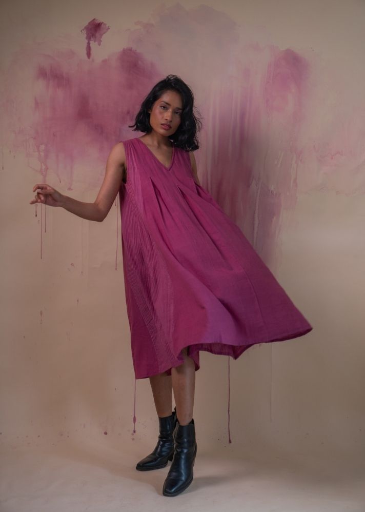 A Model Wearing Purple Pure Cotton Phosphene Flared Dress, curated by Only Ethikal