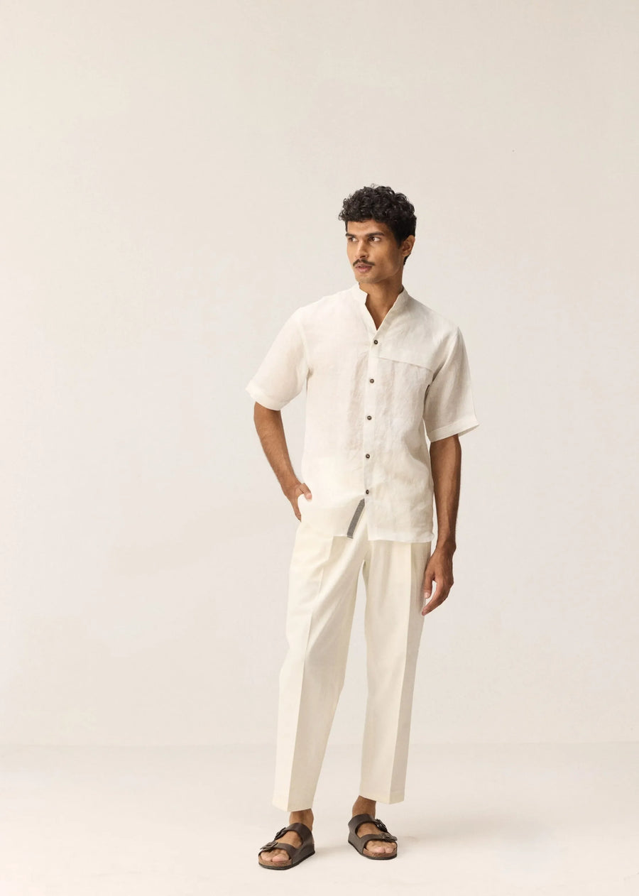 A Model Wearing White Linen Dandelion Shirt, curated by Only Ethikal