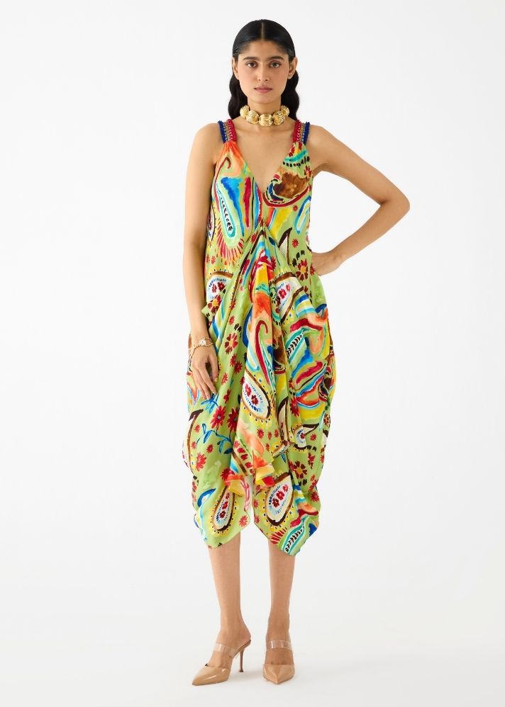 A Model Wearing Multicolor Vegan Silk Antella Midi Dress, curated by Only Ethikal