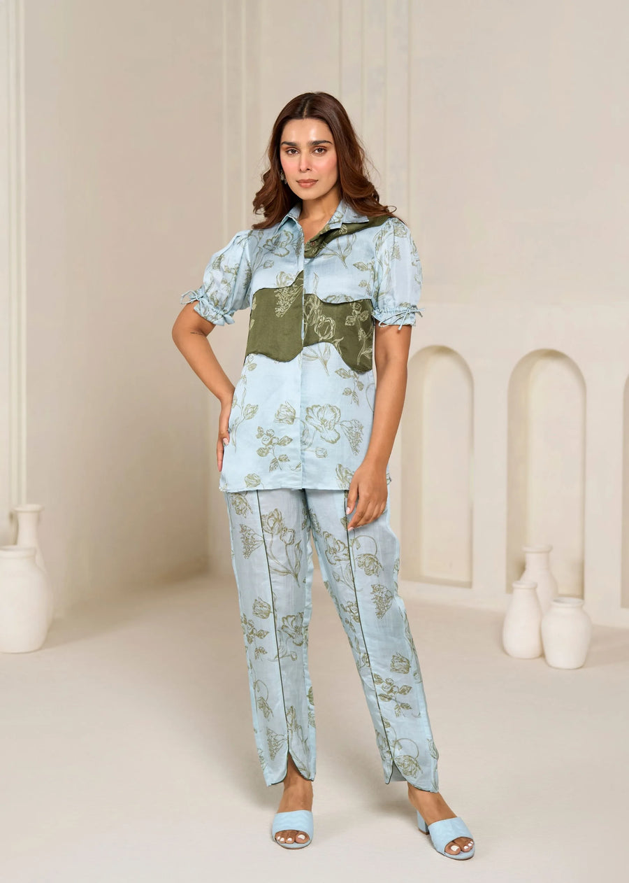 A Model Wearing Blue Linen Bemberg Forest Co-Ord Set, curated by Only Ethikal