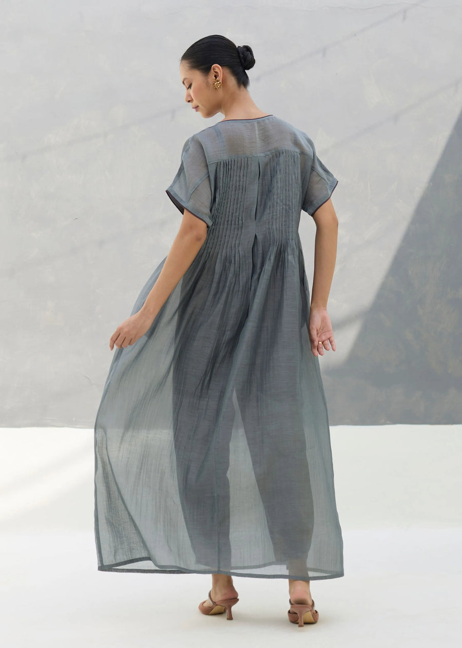 Vara Sheer Silk Chanderi Dress - Grey