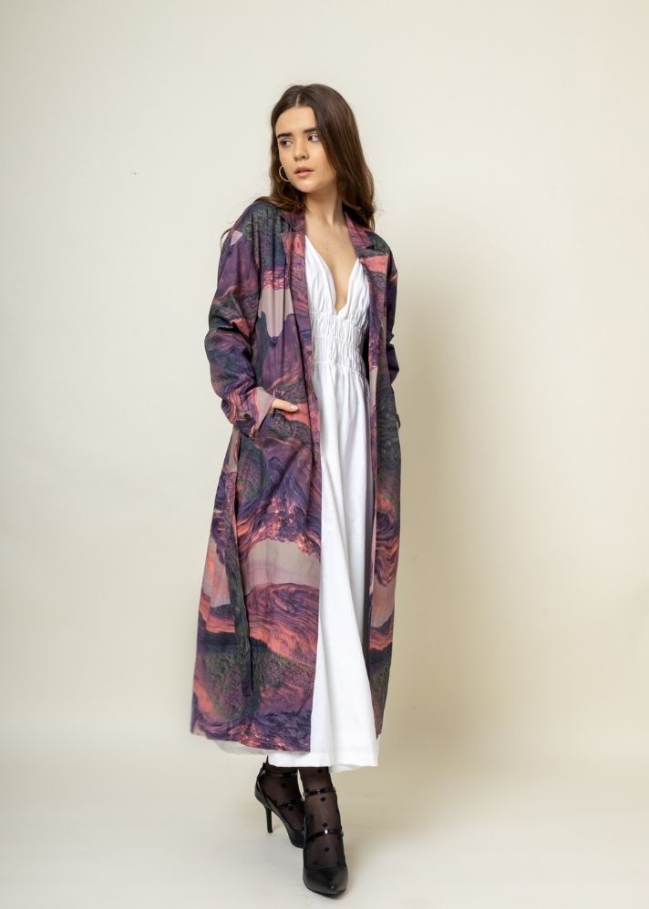 A Model Wearing Multicolor Upcycled Cotton Amelia Printed Trench, curated by Only Ethikal
