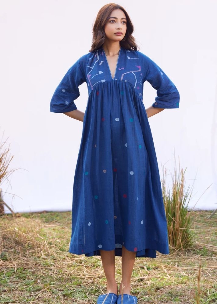 A Model Wearing Multicolor Jamdani Cotton Nilu Dress, curated by Only Ethikal