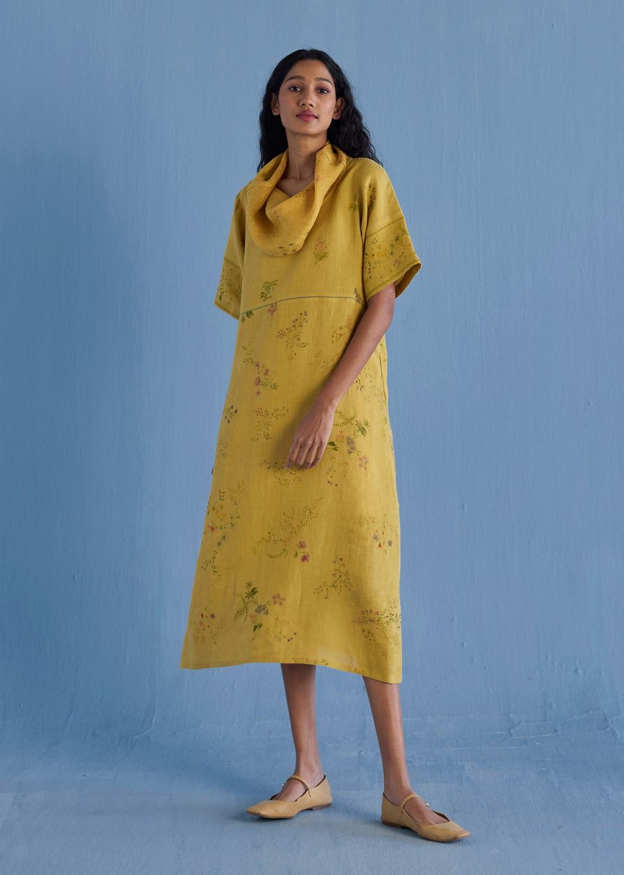 Imara Cowl Neck Linen Dress - Ochre