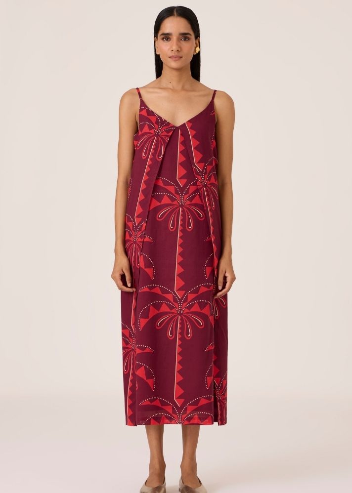 A Model Wearing Red Organic Cotton Isa Palm Print Slip Dress , curated by Only Ethikal