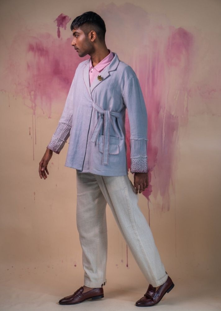 A Model Wearing Grey Pure Cotton Phosphene Unisex Double-Breasted Jacket, curated by Only Ethikal