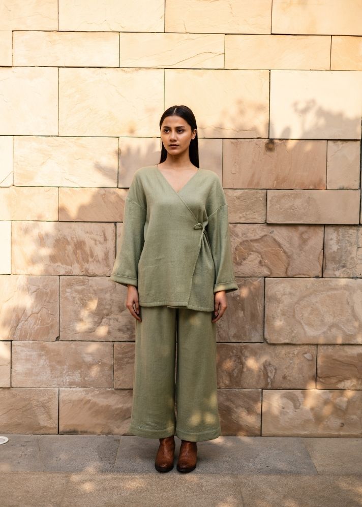 A Model Wearing Green   Wool Pansy Top- Green, curated by Only Ethikal