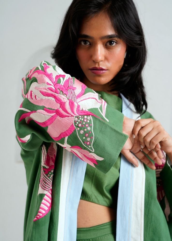 A Model Wearing Multicolor Handloom Cotton Lyam Jacket Set , curated by Only Ethikal