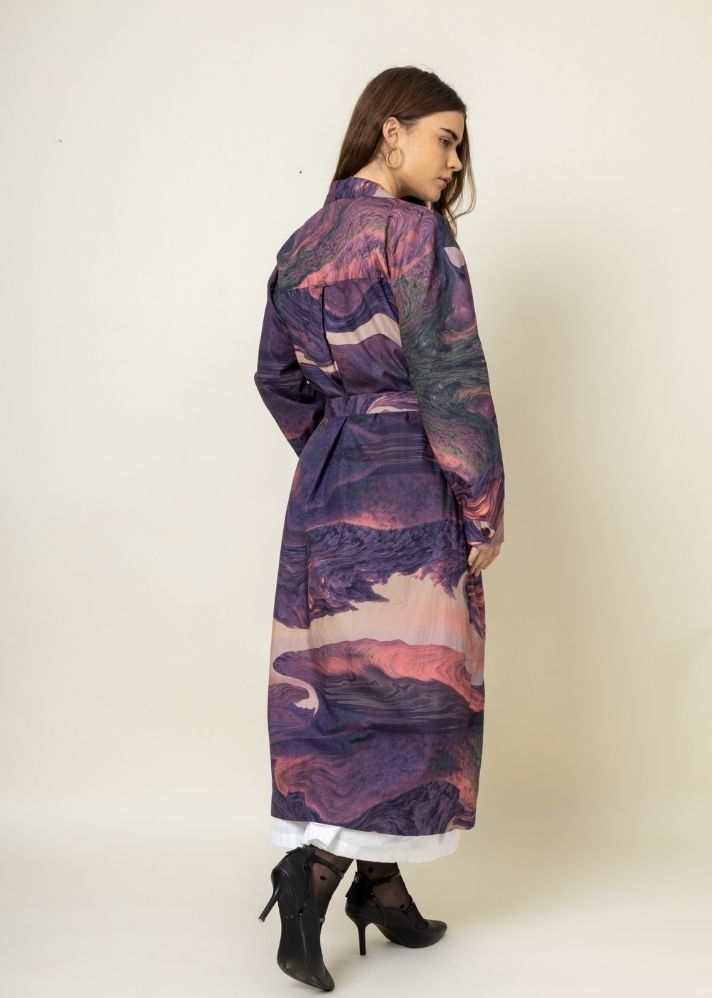 A Model Wearing Multicolor Upcycled Cotton Amelia Printed Trench, curated by Only Ethikal