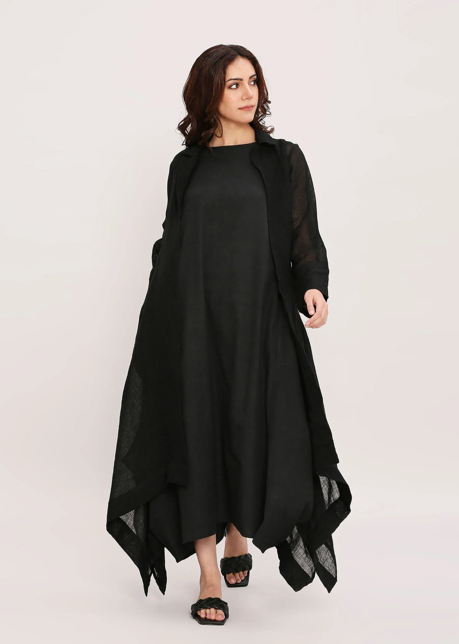 A Model Wearing Black Pure Cotton Black Linen Trench Koza Jacket, curated by Only Ethikal