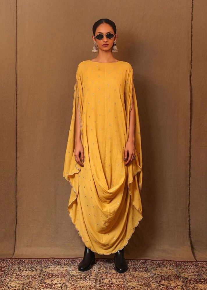 A Model Wearing Yellow Pure Cotton Mustard Zari Spade Emb Cowl Dress, curated by Only Ethikal