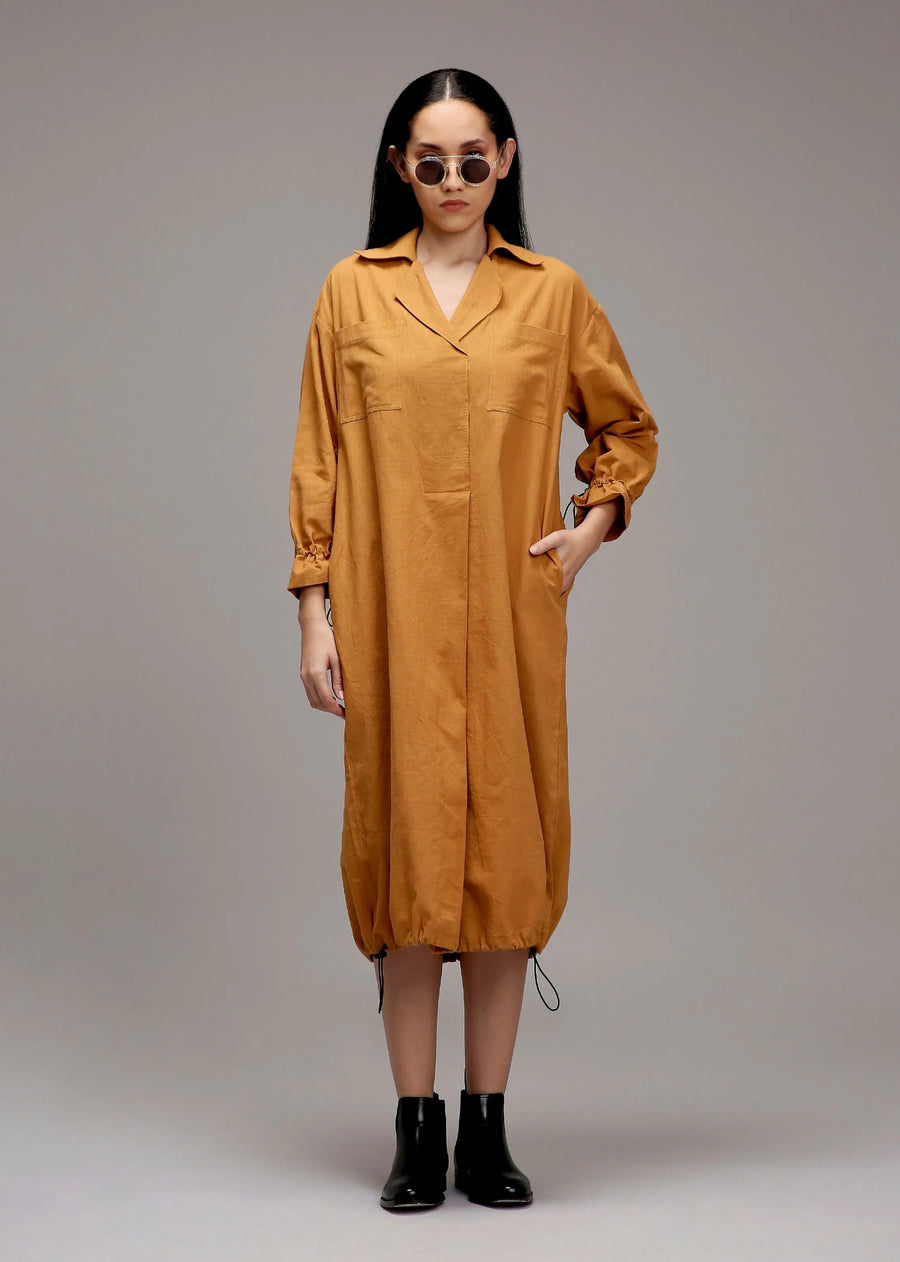 A Model Wearing Brown Cotton Tan-Brown Elasticated Shirt Dress, curated by Only Ethikal