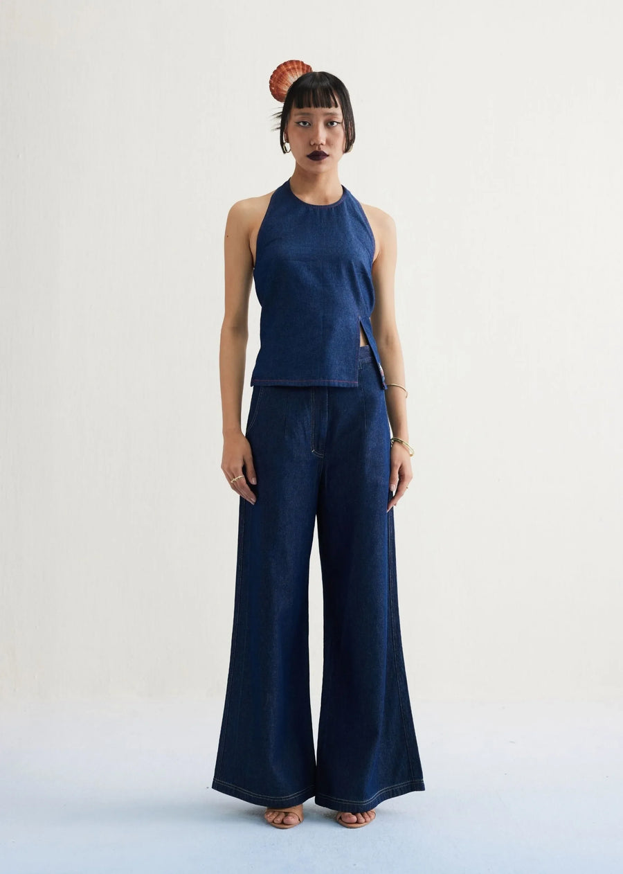 A Model Wearing Blue Cotton Denim Deepwater Denim Halter Blue Top, curated by Only Ethikal